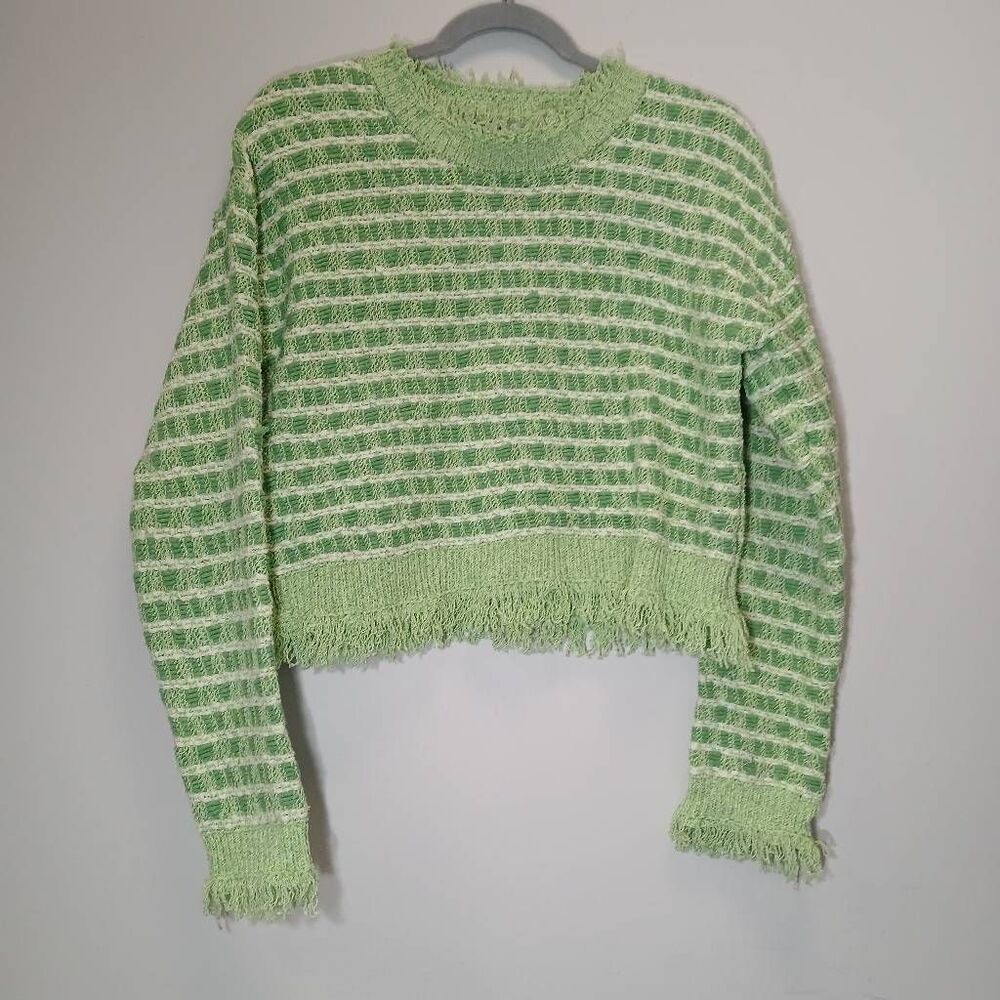 Zara womens small sweater boxy slouchy fringe lime green spring summer cotton